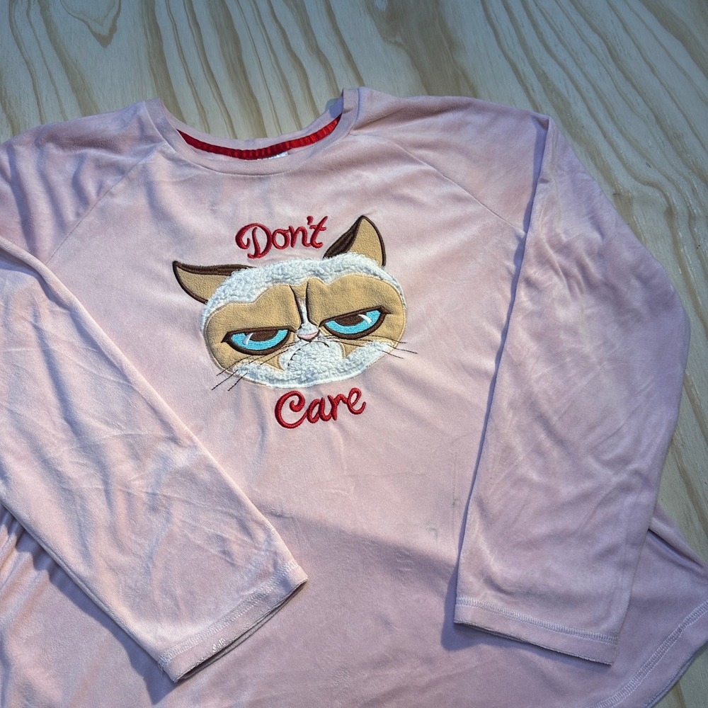 Grumpy Cat Womens Pink Velour Pajama Top Dont Care Large Long Sleeve Loungewear